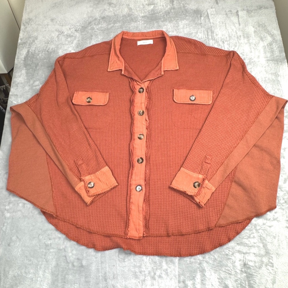 Orange Waffle Knit Button Down Shirt S Boho Oversized Lagenlook Coastal Grandma